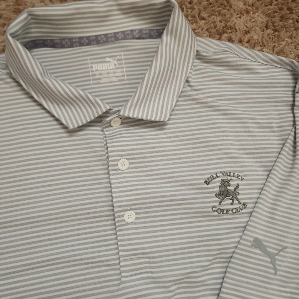 Puma Polo Shirt Men XXL Grey White Striped Bull Valley Golf Club Performance